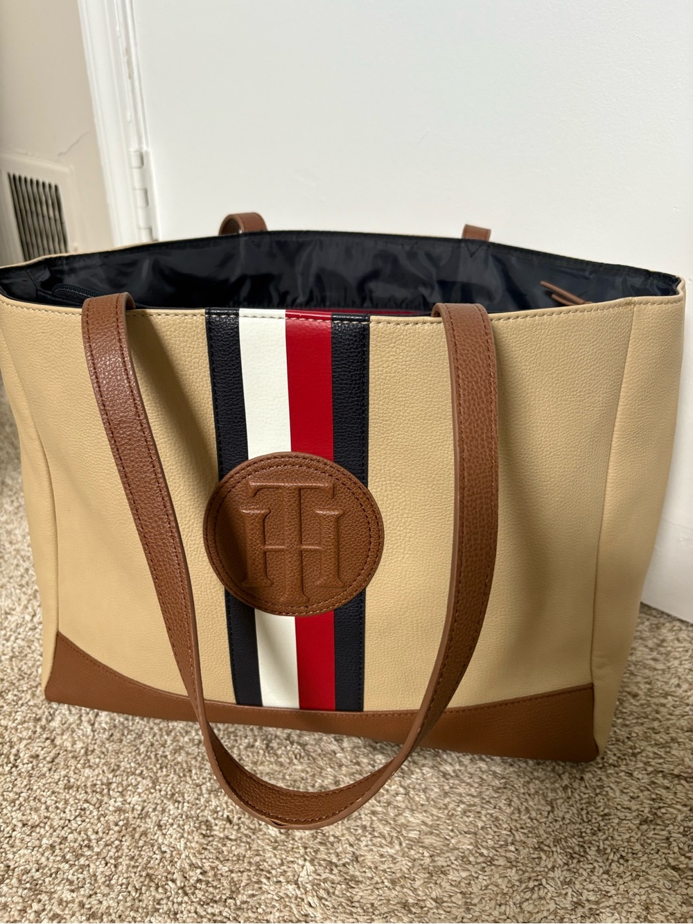 Tommy Hilfiger Beige Tote with Brown Trim and Red-White-Blue Stripe